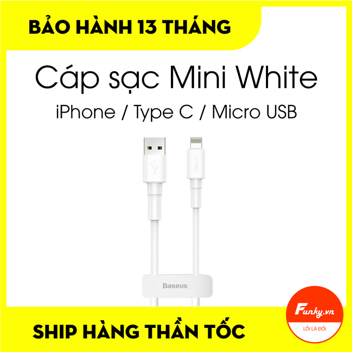 Cáp sạc Baseus Mini White Cable USB to Lightning, Type C, Micro 2.4A