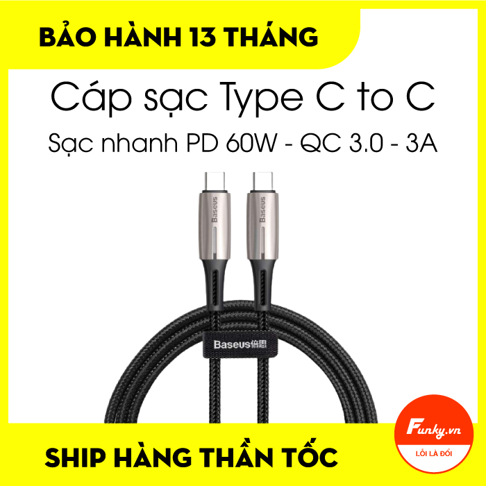 Cáp sạc nhanh 60W Type C to Type C Baseus Water Drop-Shaped Lamp Fast Charge QC 3.0